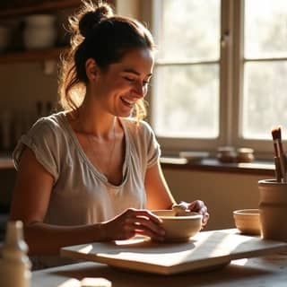 Una mujer adulta, de unos 30-40 años, sonriendo y concentrada mientras trabaja en un proyecto de cerámica en un estudio luminoso, con herramientas y arcilla a su alrededor.