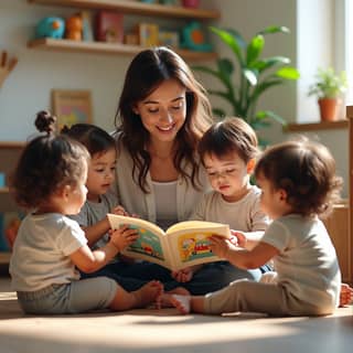 Educadora interactuando con niños en una guardería