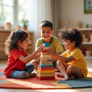 Niños de diversas etnias y géneros jugando juntos en una guardería española, construyendo una torre de bloques y sonriendo.