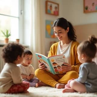 Una educadora española joven y sonriente leyendo un libro ilustrado sobre familias diversas a un grupo de niños sentados en el suelo de una guardería luminosa.