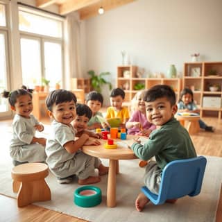 Niños jugando en una guardería con mobiliario de madera