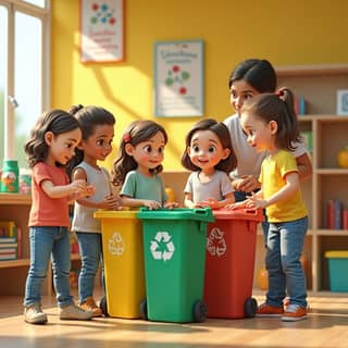 Niños reciclando en una guardería con contenedores inteligentes