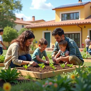 Padres y niños trabajando juntos en el huerto escolar de una guardería