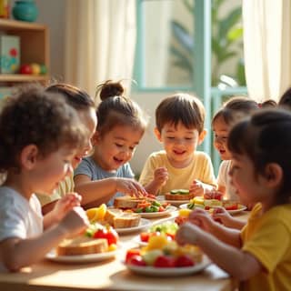 Niños comiendo juntos en una guardería española