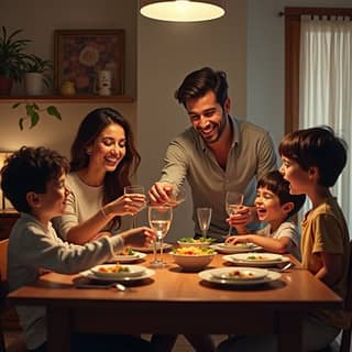 Familia cenando junta en una mesa, compartiendo un momento de unión