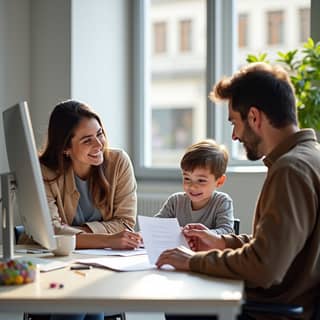 Familia española en una oficina gestionando la documentación para una beca de guardería
