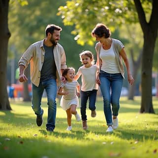 Padres jugando con sus hijos en un parque español