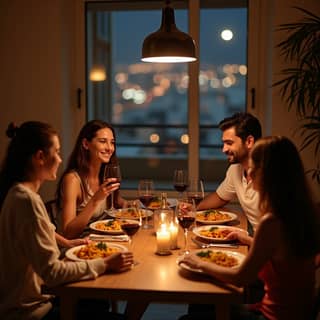 Familia cenando junta en una casa española