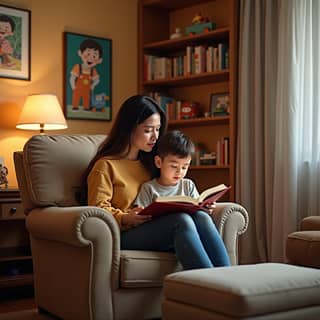 Madre y niño leyendo un cuento juntos en una habitación