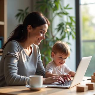 Autónomo trabajando desde casa con su hijo