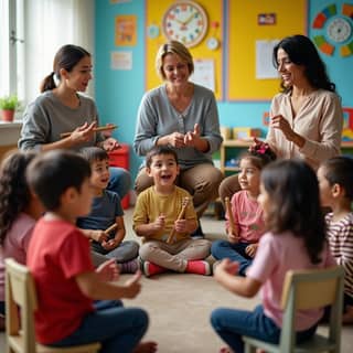 Grupo de niños y educadores en una guardería española