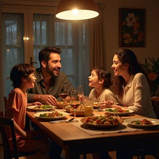 Familia española cenando junta