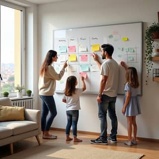 Familia planificando actividades en una pizarra