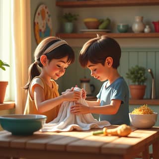 Niños ayudando en las tareas del hogar