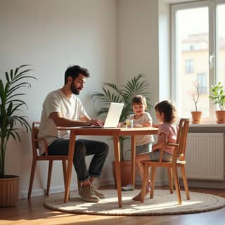 Padres trabajando desde casa con niños jugando