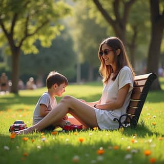 Madre relajada jugando con su hijo en un parque