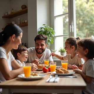 Familia desayunando juntos antes de ir al colegio