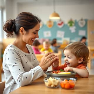 Educadora ayudando a un niño con la comida en una guardería