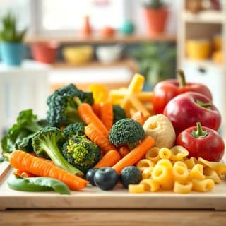 Variedad de comida saludable para niños en una guardería