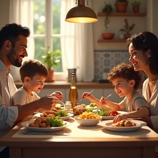 Familia comiendo junta en una mesa
