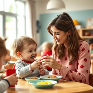 Educadora de guardería interactuando con un niño durante la comida