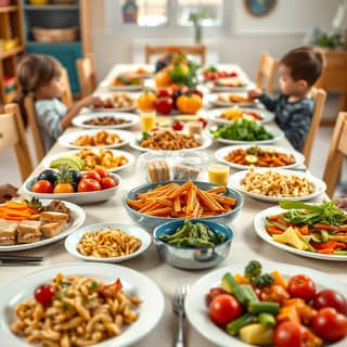Mesa de comida en una guardería con variedad de alimentos saludables