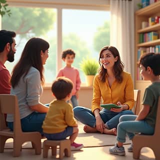 Profesora hablando con padres en una guardería