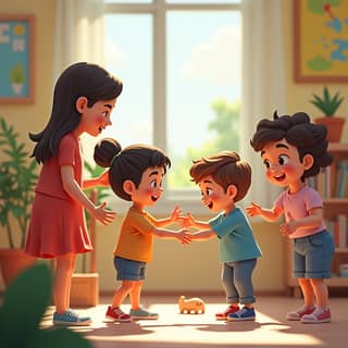 Niños y profesores interactuando en una guardería