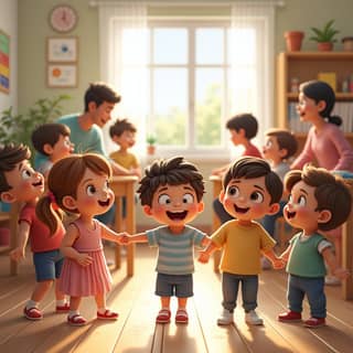 Imagen de niños felices jugando en la guardería, con padres observando
