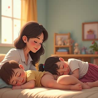 Educadora cuidando a un niño durante la siesta