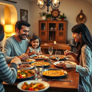 Familia cenando junta en un ambiente familiar y acogedor