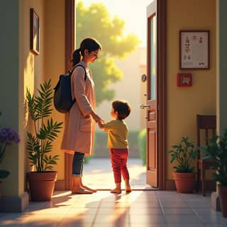 Madre despidiéndose de su hijo en la puerta de una guardería