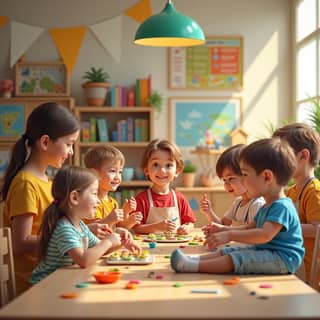 Grupo de niños y educadores en una guardería, disfrutando de una actividad
