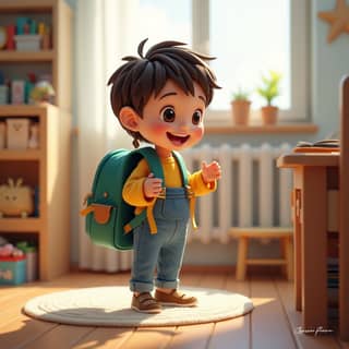 Niño feliz preparando su mochila para la guardería