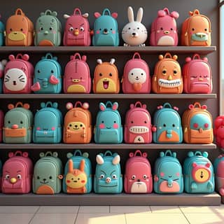 Variedad de mochilas para niños en una tienda
