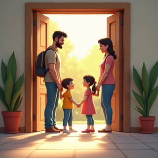 Niño y niña despidiéndose de sus padres en la puerta de la guardería