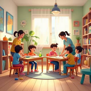 Interior de una guardería española, con niños jugando y educadoras atendiendolos