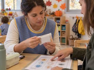 Familia y educadora revisan juntas la información de una merienda para una actividad de Halloween en la escuela infantil