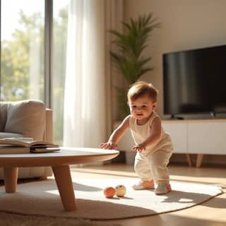 Niño pequeño explorando una sala de estar segura con mobiliario anclado y protectores de enchufes