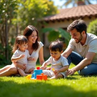 Familia española feliz jugando de forma segura en un jardín con valla de seguridad y juguetes adecuados