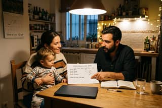 Familia revisando un horario de sueño impreso para preparar la vuelta a la guardería en septiembre