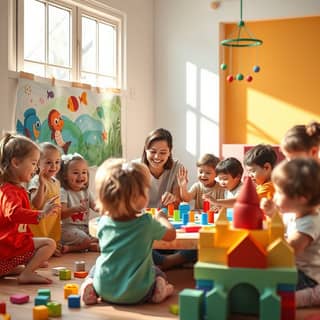 Niños jugando en una guardería colorida