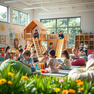 Educadora jugando con un niño en una guardería