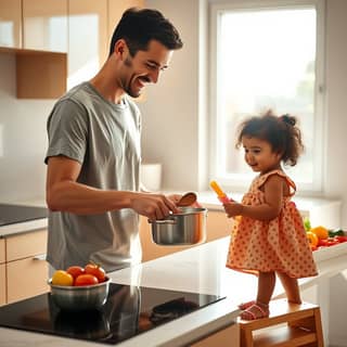Niña pequeña imitando a su padre cocinando en una cocina moderna con utensilios de juguete en un hogar español soleado.