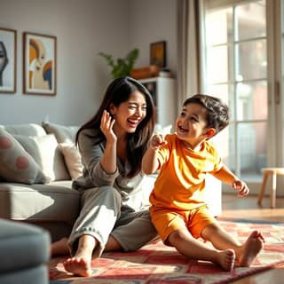 Madre e hijo riendo mientras juegan a imitar en el salón de una casa española, con juguetes en el suelo y luz natural.