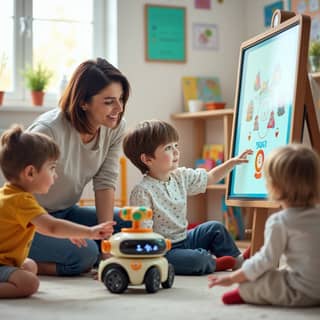 Niños usando tecnología educativa en guardería