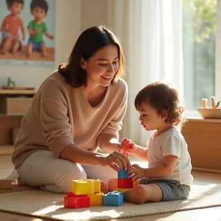 Madre observando a su hijo pequeño jugar en una guardería luminosa, con un gesto de atención y cariño, simbolizando la intuición parental.