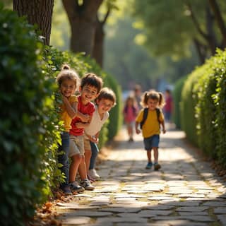 Grupo de niños jugando a las escondidas en un parque español