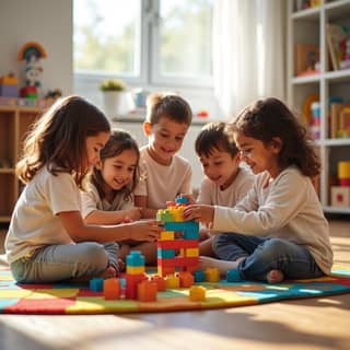 Niños jugando cooperativamente en una guardería española