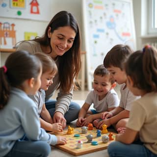 Educadora guiando a niños en un juego cooperativo
